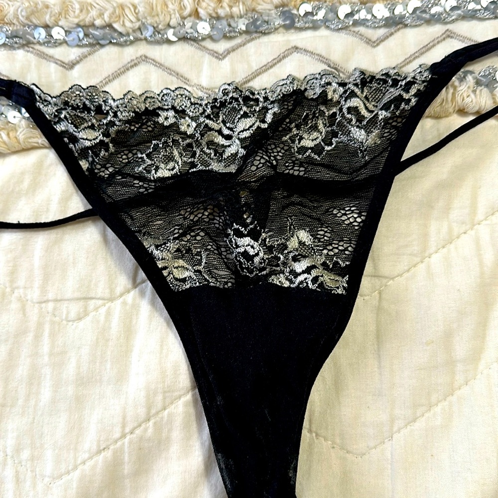 VS Sexy little things tie up lace thong. Black & white embroidered lace. Size L